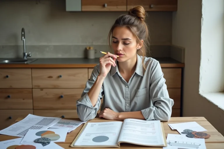 Femme estimant son budget rénovation d'appartement avec des devis et des échantillons de matériaux sur une table en bois