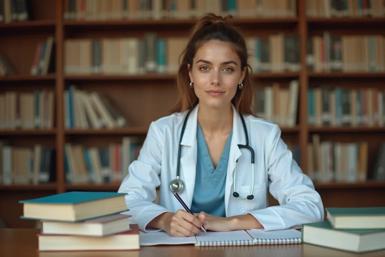 Étudiante en médecine en blouse blanche révisant dans une bibliothèque universitaire française entourée de manuels médicaux
