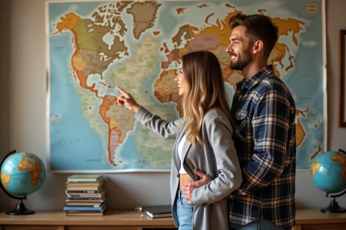A couple standing in front of a wall map discussing their life projects to assess their future compatibility