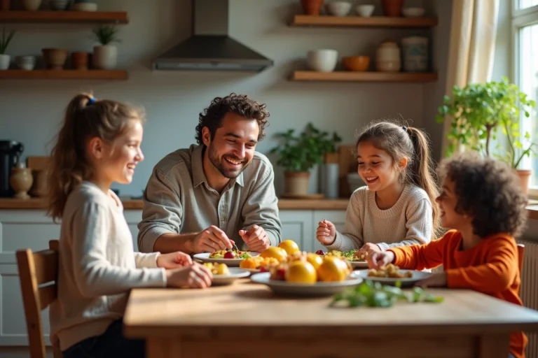 Famille heureuse partageant un repas fait maison autour d'une table en bois dans une cuisine chaleureuse et conviviale