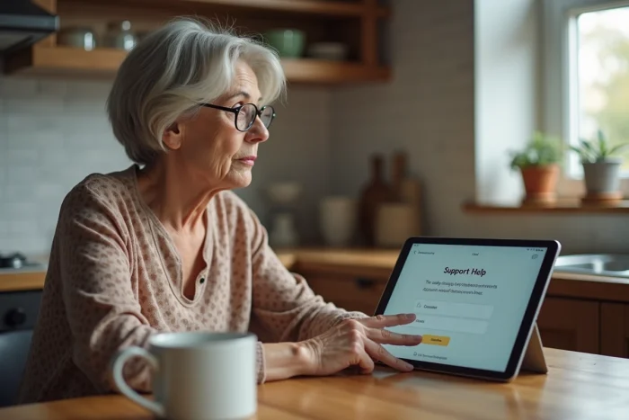 Femme mature consultant une page d'aide pour résoudre un problème de connexion à son espace MyCitya sur une tablette