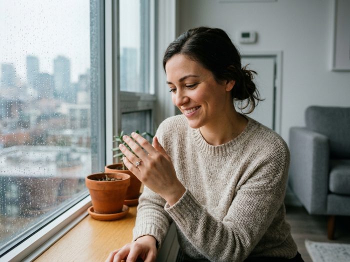 Femme souriante admirant sa bague de fiançailles assise près d'une fenêtre dans un appartement moderne