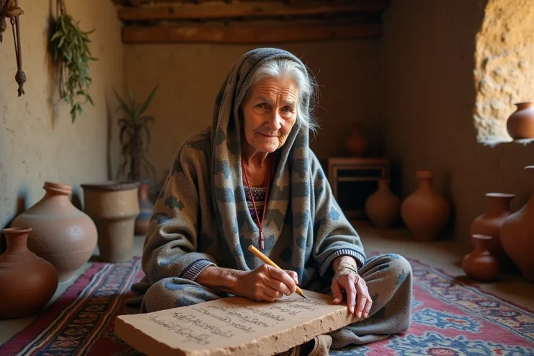 Femme berbère âgée gravant des caractères tifinagh sur une tablette d'argile dans une maison traditionnelle nord-africaine, illustration de l'histoire des prénoms berbères
