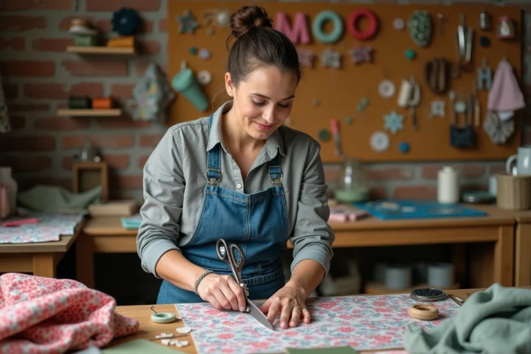 Femme en tablier de jean réalisant un projet DIY créatif avec du tissu coloré dans un atelier artisanal chaleureux