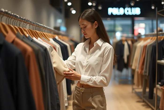 Femme élégante comparant des vêtements Ralph Lauren et Polo Club dans un magasin de mode moderne, illustrant les différences entre les deux marques