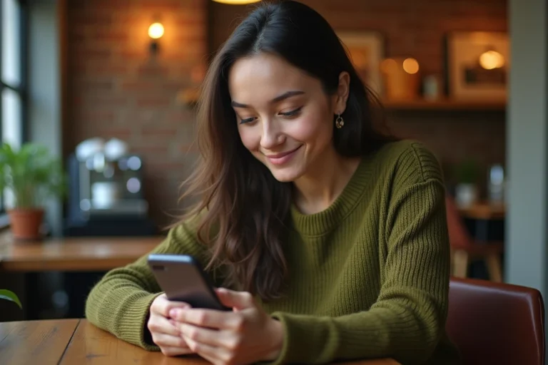 Jeune femme comparant WhatsApp et Messenger sur son smartphone dans un café urbain