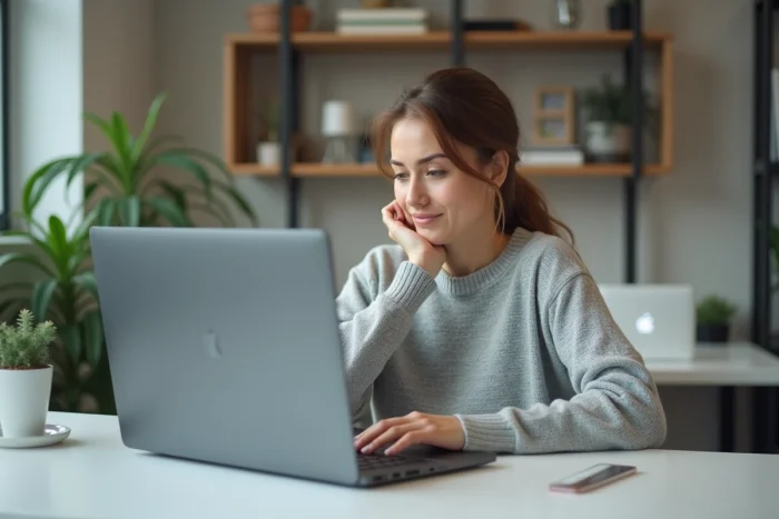 Femme essayant de se connecter à son espace personnel MyCitya sur un ordinateur portable depuis son bureau à domicile