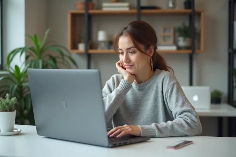 Femme essayant de se connecter à son espace personnel MyCitya sur un ordinateur portable depuis son bureau à domicile