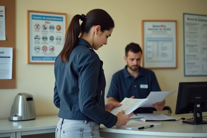 Femme consulant des documents administratifs dans une auto-école italienne pour l'obtention du permis moto 125