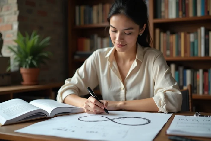 Femme dessinant le symbole infini sur du papier dans un bureau avec des livres de mathématiques