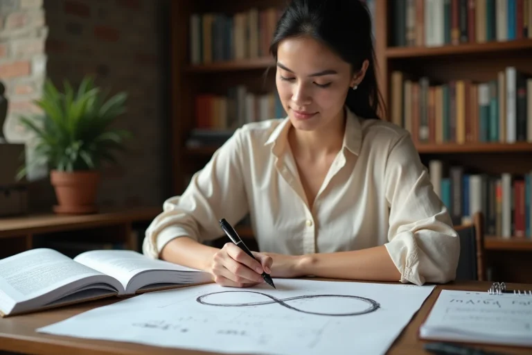 Femme dessinant le symbole infini sur du papier dans un bureau avec des livres de mathématiques