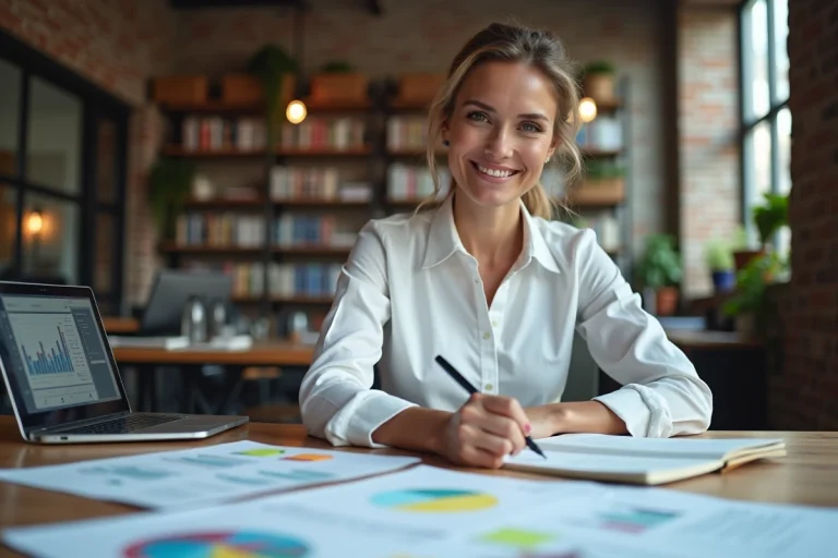 Femme entrepreneur travaillant sur son business plan dans un espace de coworking moderne