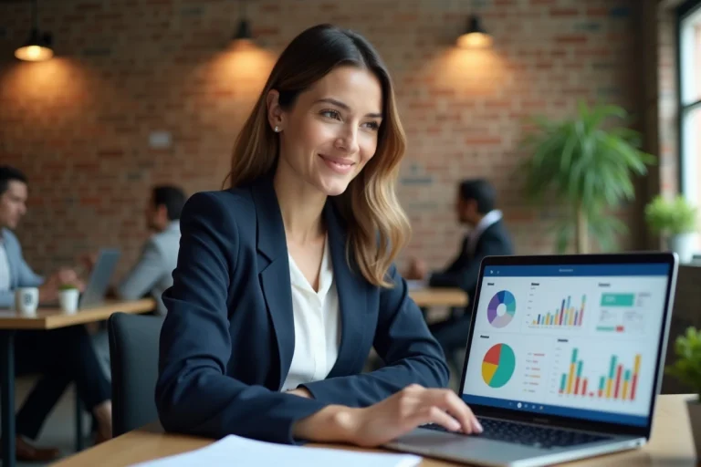 Femme entrepreneure analysant des ressources en ligne sur un ordinateur portable dans un espace de coworking moderne