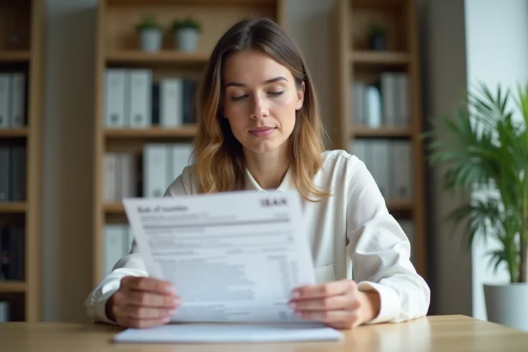 Femme examinant un relevé bancaire avec un code IBAN FR76 à son bureau à domicile
