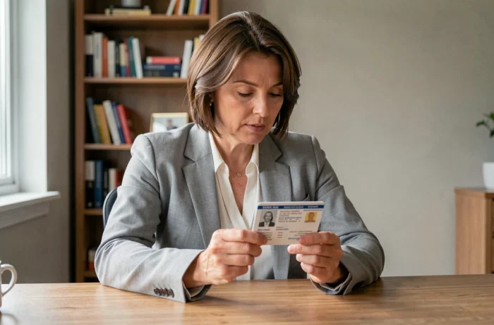 Femme examinant la colonne 11 de son permis de conduire français à son bureau