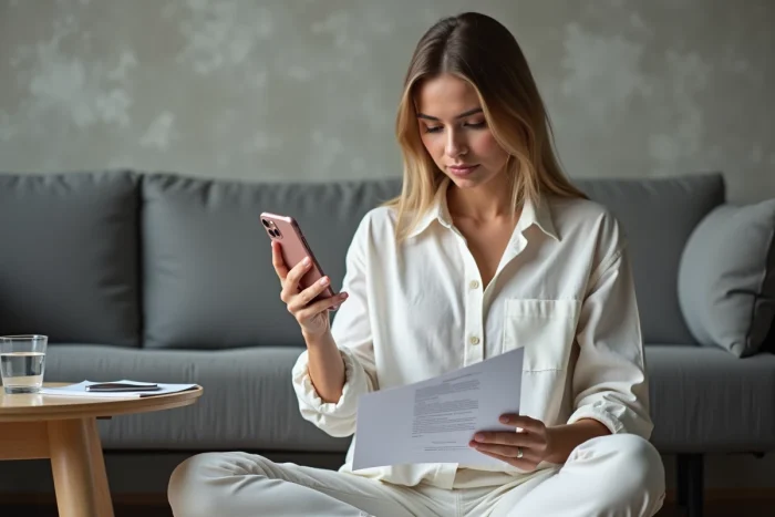 Femme consultant un guide d'installation d'application iOS sur son iPhone dans un salon moderne
