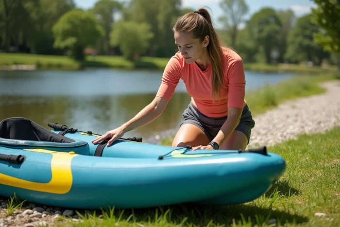 Femme inspectant un canoë gonflable Sevylor Tahiti Plus posé sur l'herbe au bord d'une rivière