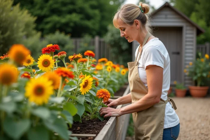 Femme jardinière entretenant un parterre de tournesols, zinnias et soucis dans un jardin potager