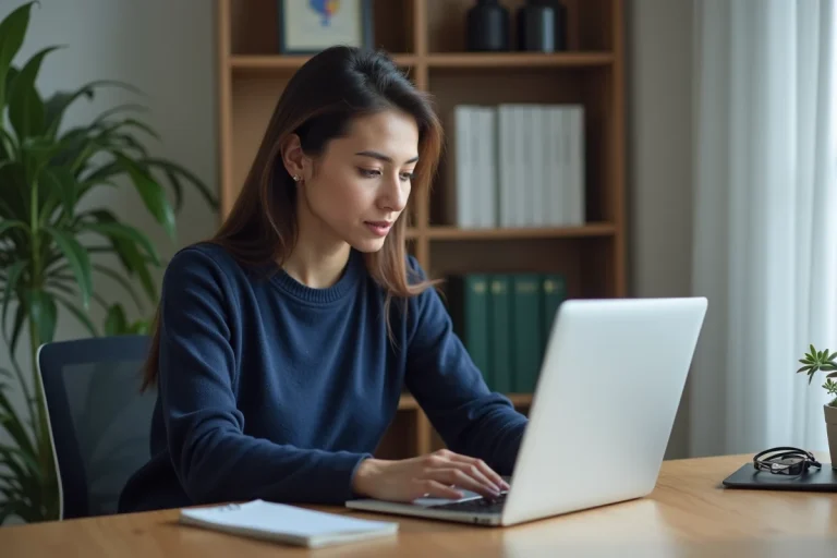 Femme travaillant sur l'optimisation de sa présence en ligne avec un ordinateur portable dans un bureau minimaliste