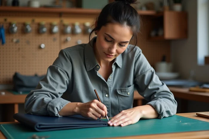 Femme perforant un sac en cuir marine avec une alène sur tapis de découpe dans un atelier DIY à domicile