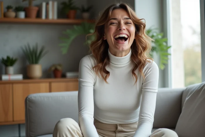 Jeune femme riant spontanément dans un appartement moderne, évoquant la vie de couple épanouie et contemporaine