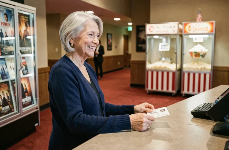 Femme senior souriante tenant un billet de cinéma au guichet d'un cinéma multiplex