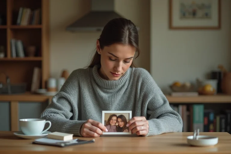 Femme tenant une photo encadrée d'une amie disparue, assise à une table en bois, ambiance douce et mélancolique