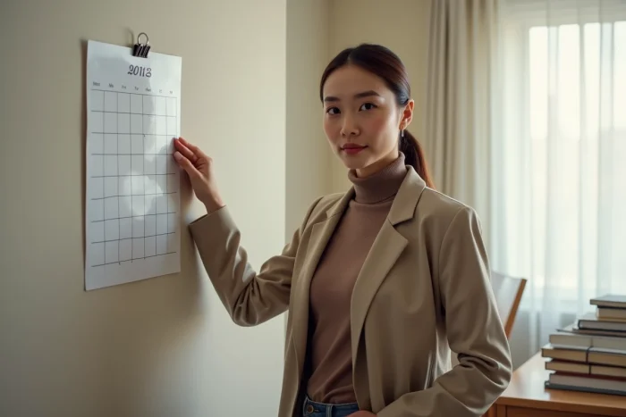 A woman setting a deadline on a wall calendar to exit an indecisive romantic situation