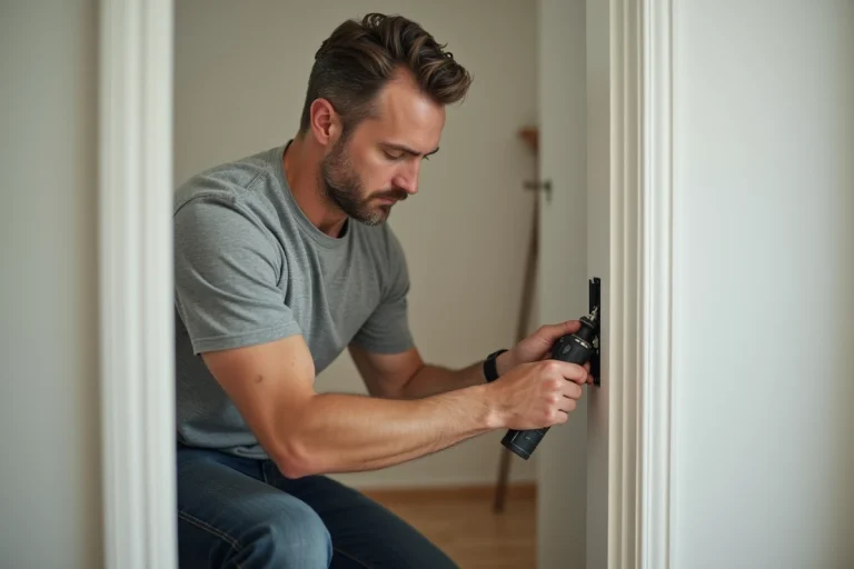 Homme fixant une cheville d'ancrage dans une porte creuse pour installer un porte-manteau