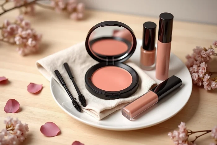 Flat lay de produits de maquillage tendance sur fond bois avec palette blush, gloss et mascara