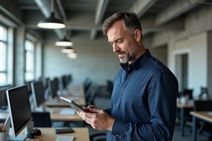 Homme consultant une tablette pour gérer et mettre à jour ses favoris Sorlav dans un bureau moderne