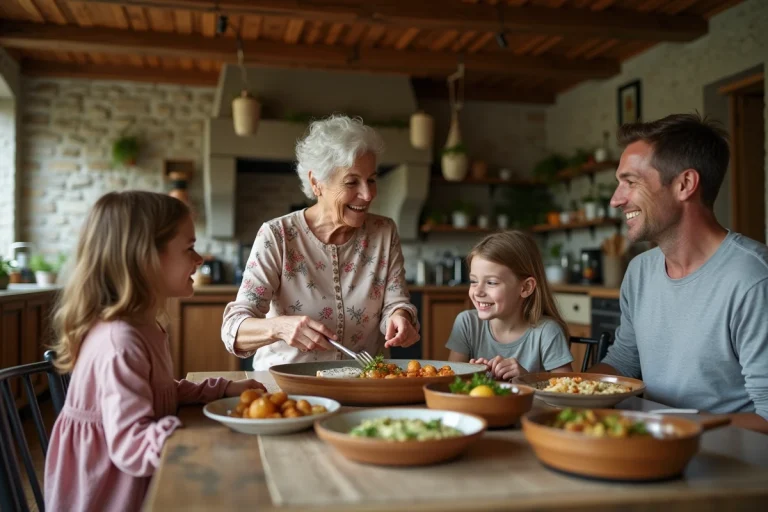 Grande famille multigénérationnelle réunie autour d'une table rustique pour un repas traditionnel dans une cuisine de ferme chaleureuse