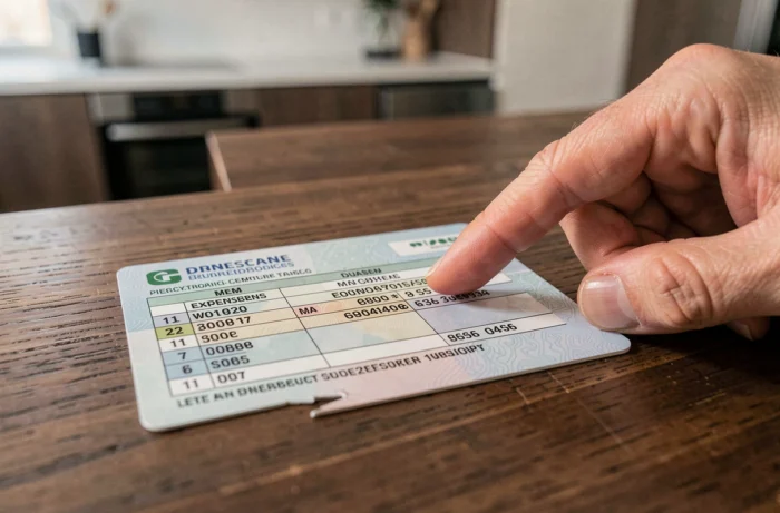 Gros plan sur la colonne 11 d'un permis de conduire français posé sur une table en bois