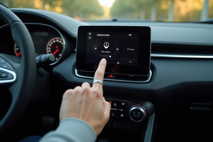 Gros plan sur l'écran de l'autoradio d'une Peugeot 2008 avec un doigt s'apprêtant à éteindre la radio