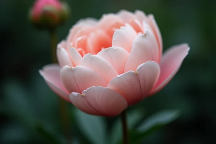 Gros plan d'une pivoine rose en fleur avec des gouttes de rosée sur les pétales