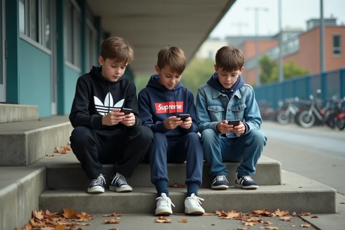 Groupe d'adolescents assis sur des marches d'école portant des vêtements de marques populaires comme Adidas Supreme et Levi's