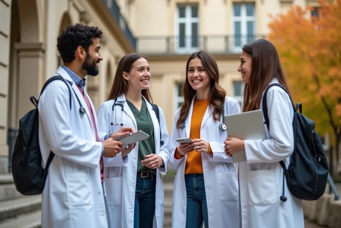 Groupe d'étudiants en médecine en blouses blanches devant une faculté de médecine française en automne