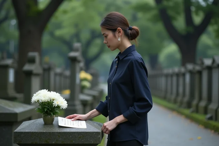 Femme déposant un bouquet de chrysanthèmes blancs sur une tombe le jour de l'anniversaire du décès d'une amie