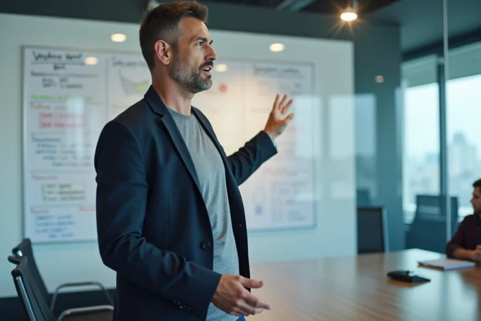 Homme d'affaires présentant sa stratégie de lancement d'entreprise sur un tableau blanc