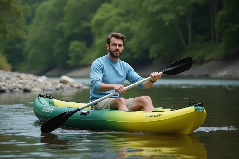 Homme pagayant dans un canoë gonflable Sevylor Tahiti Plus sur une rivière calme entourée de végétation verte