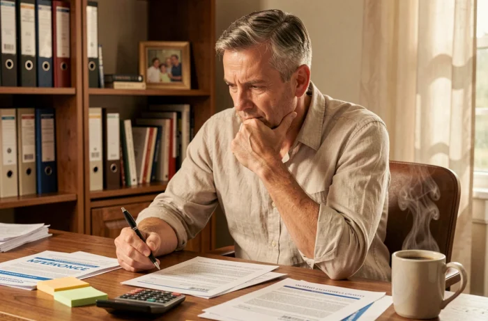 Homme consultant seul des comparatifs de prêts immobiliers dans un bureau à domicile avec des documents et une calculatrice