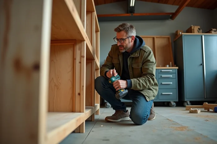 Homme bricoleur assemblant une étagère en bois avec une perceuse sans fil dans un garage atelier réaliste