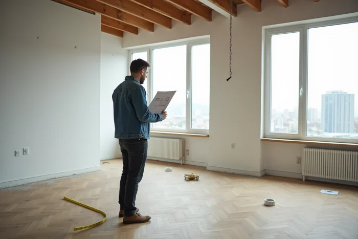Homme évaluant un appartement vide avec plan au sol lors d'une recherche immobilière