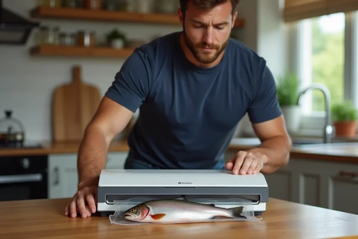 Homme utilisant une machine sous vide pour conserver une truite fraîche entière à domicile