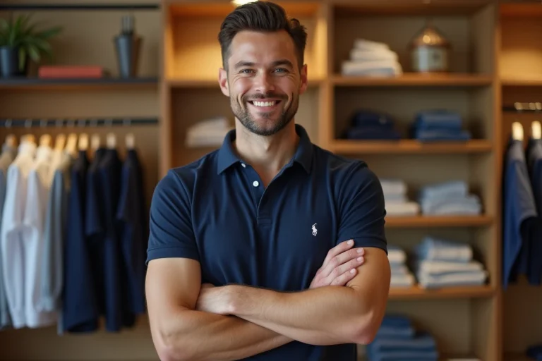 Homme portant un polo avec logo brodé dans une boutique de prêt-à-porter haut de gamme, illustrant les marques Polo Club et Ralph Lauren
