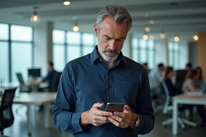 Homme consultant l'interface de réinitialisation de mot de passe MyCitya sur son smartphone dans un bureau professionnel