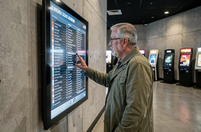 Homme senior consultant le programme d'un cinéma devant un tableau d'affichage numérique
