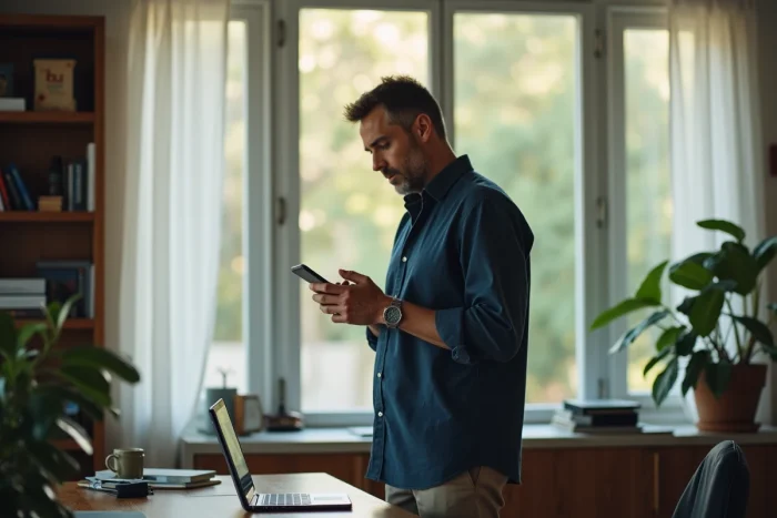 Homme en télétravail consultant WhatsApp et Messenger sur smartphone et tablette dans un bureau à domicile