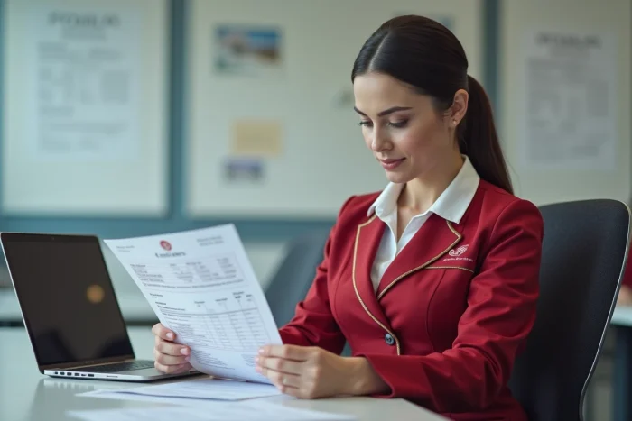 Hôtesse de l'air Emirates examinant sa fiche de salaire dans une salle de briefing