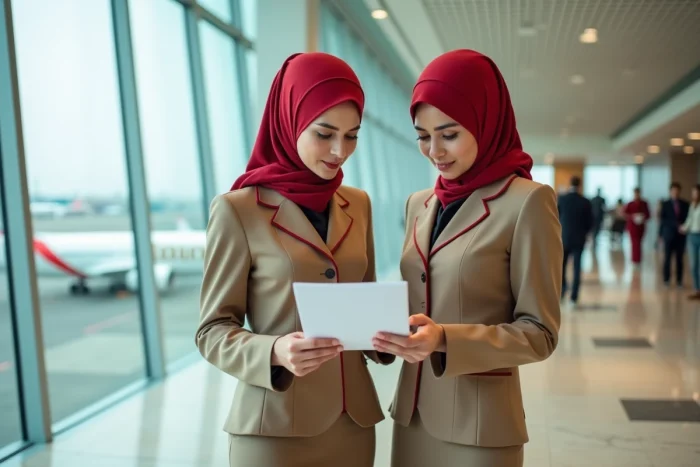 Deux hôtesses de l'air Emirates discutant dans un terminal de l'aéroport de Dubaï